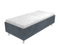 Čalouněná postel Ema s lamelovým roštem a úložným prostorem na nohách v šedém provedení.